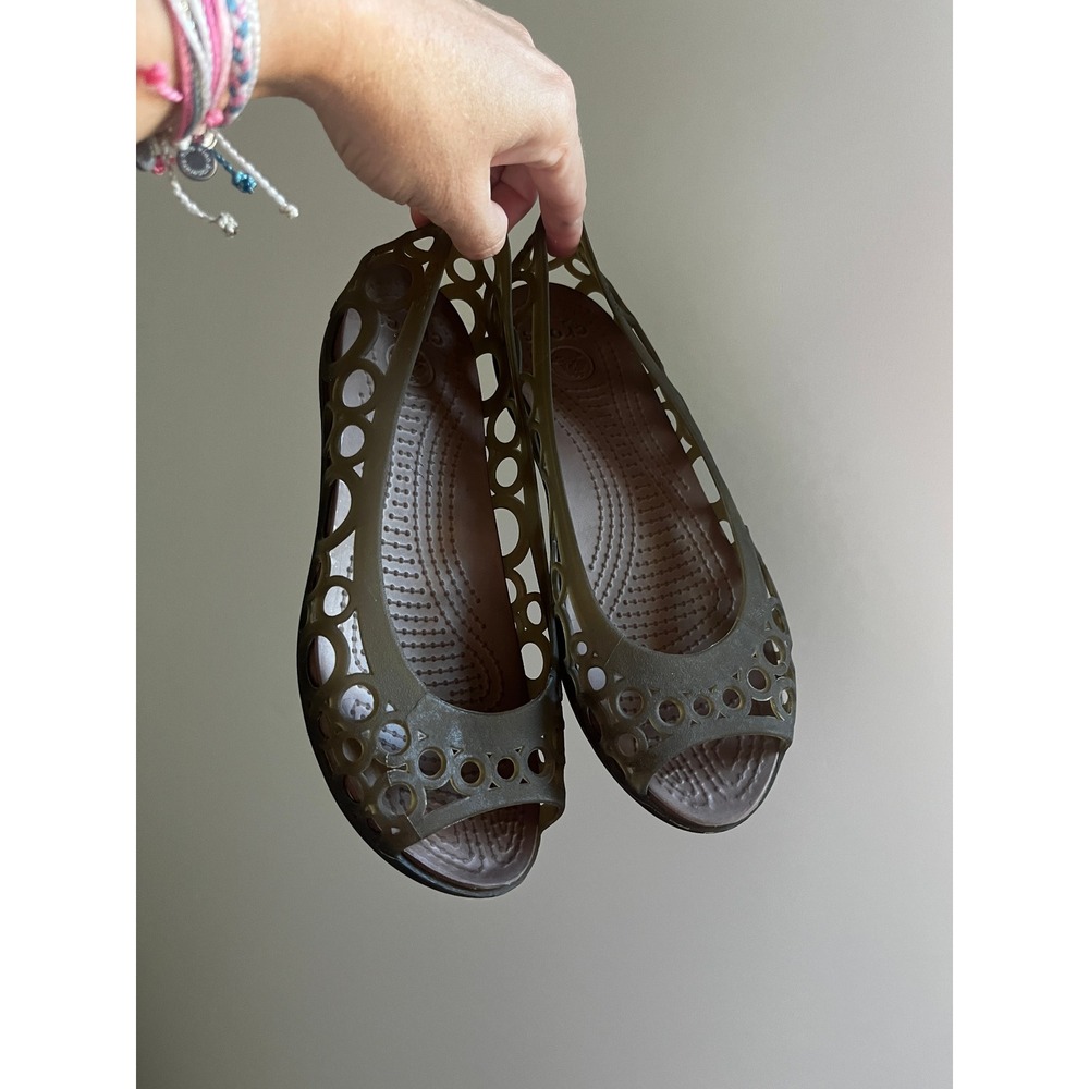 Crocs Adrina Peep Toe Flats sz 5 Olive Green Cutout Jelly Comfort Shoes Gorpcor